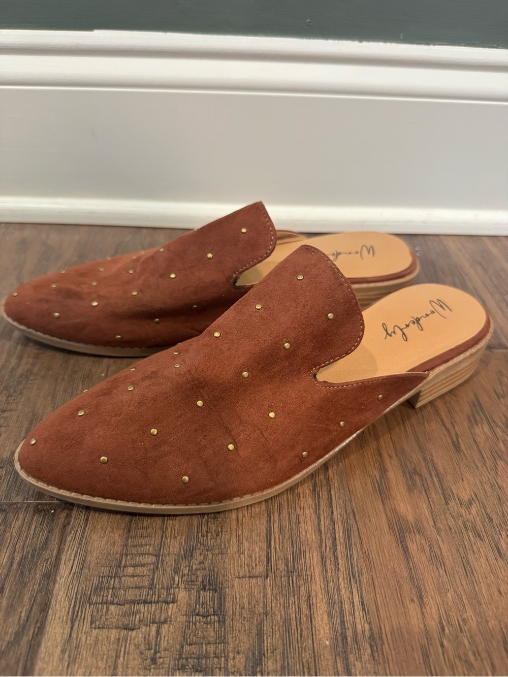 Wonderly Brown Suede Studded Mules